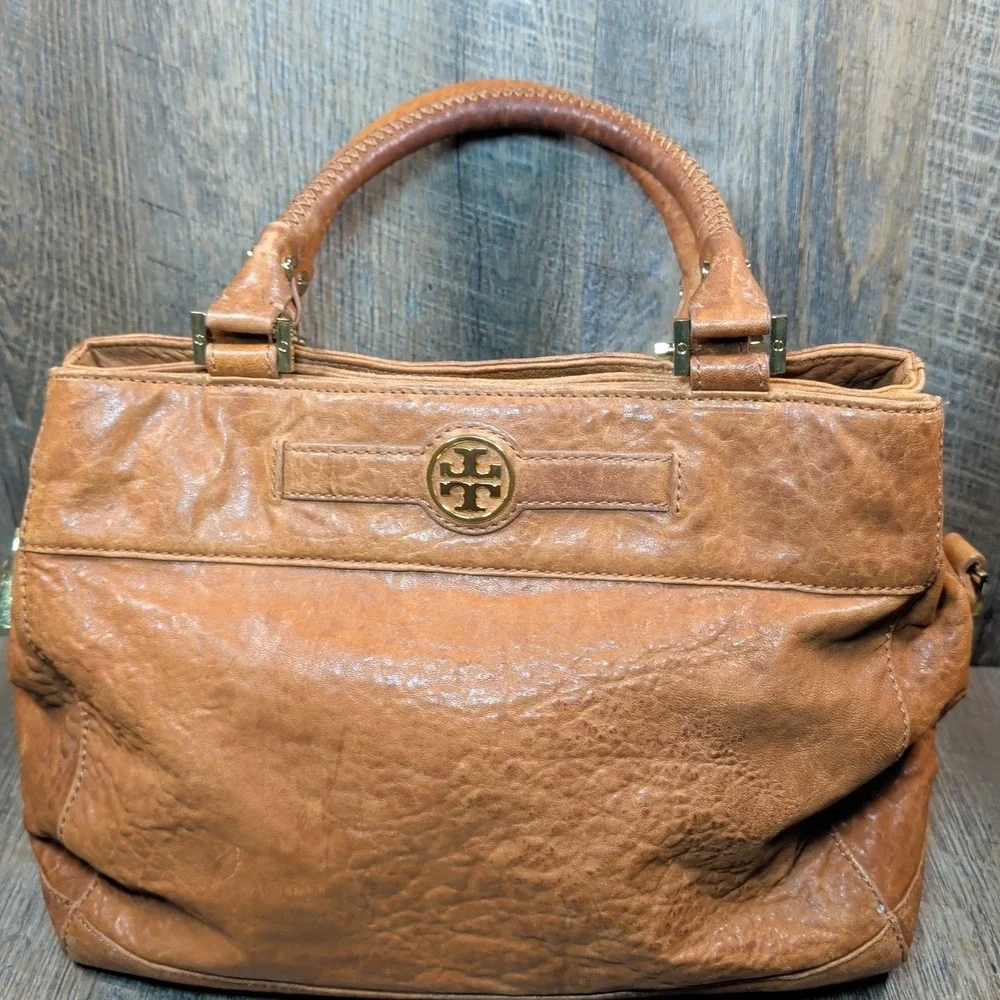 Tory Burch Audra Satchel Bag Brown Leather Double Handle Handbag Purse Tote